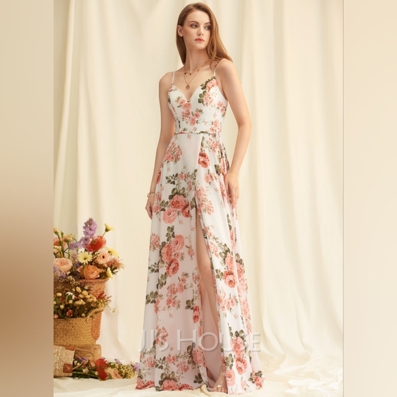 JJs House Dresses & Skirts - JJs House A-Line V-neck Floor-Length‎ Chiffon Evening Dress Split Front Small